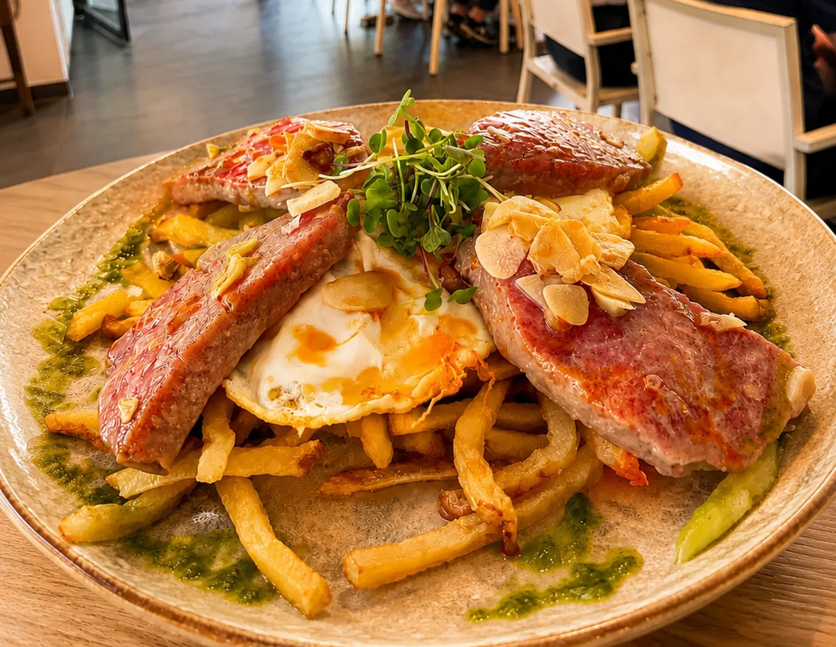 Atún al ajillo con huevo y patatas